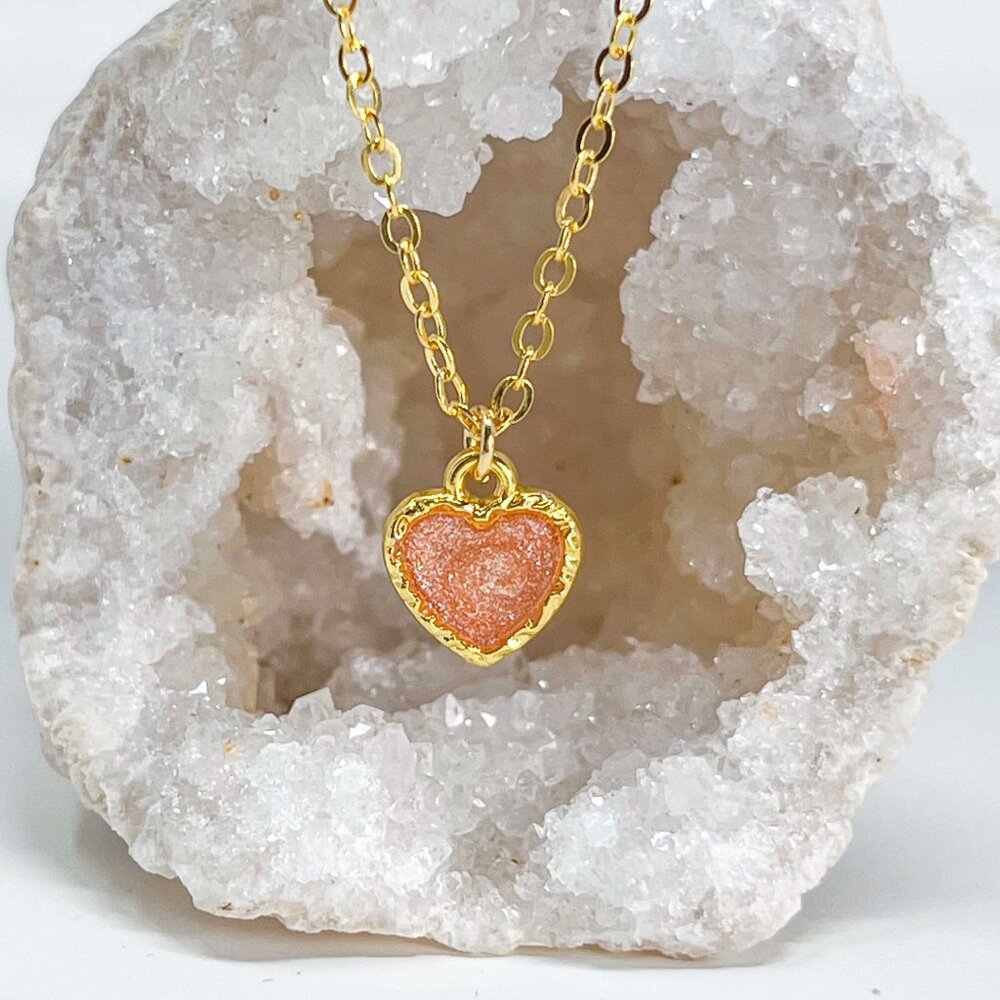 3/$20 14k Gold Orange Glitter Resin Heart Charm Handmade Pendant Neck
